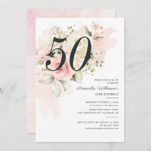 Elegant roze bloemig 50ste verjaardagsfeestje kaart