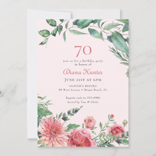 Elegant roze bloemig 70ste verjaardagsfeestje kaart (Voorkant)