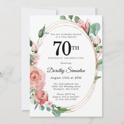 Elegant roze bloemig 70ste verjaardagsfeestje kaart (Voorkant)