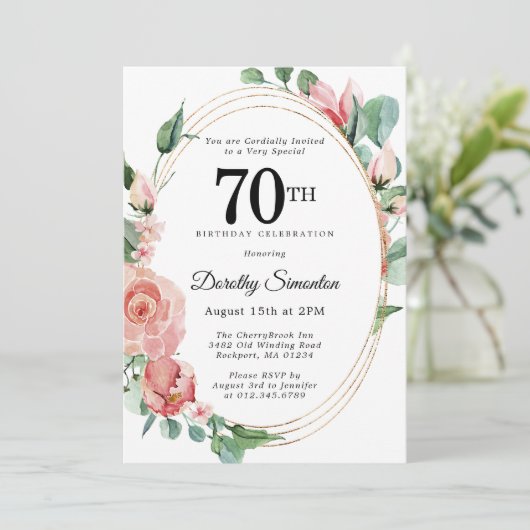 Elegant roze bloemig 70ste verjaardagsfeestje kaart (Staand voorkant)