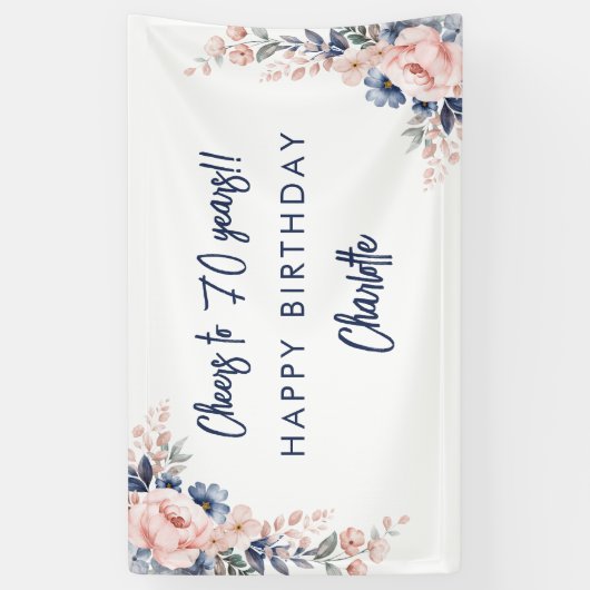 Elegant roze bloemig 70ste verjaardagsfeestje spandoek (Verticaal)