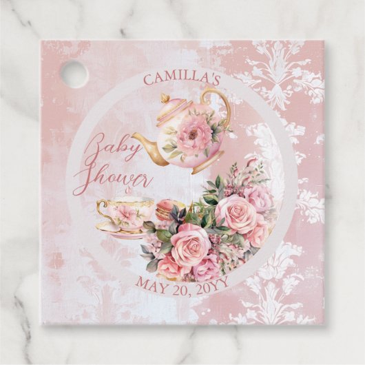 Elegant roze bloemig high tea meisje Baby shower Bedankjes Labels (Voorkant)