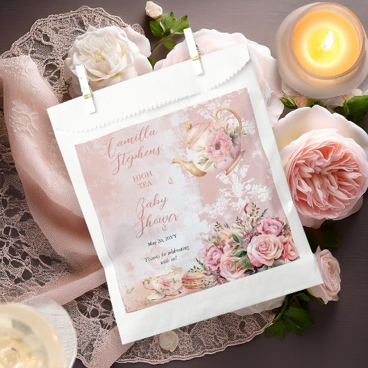 Elegant roze bloemig high tea meisje Baby shower Bedankzakje