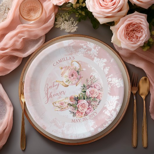 Elegant roze bloemig high tea meisje Baby shower Papieren Bordje