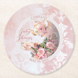 Elegant roze bloemig high tea meisje Baby shower Ronde Kartonnen Onderzetter