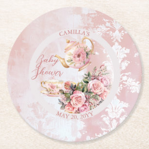 Elegant roze bloemig high tea meisje Baby shower Ronde Kartonnen Onderzetter