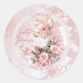 Elegant roze bloemig high tea meisje Baby shower Ronde Sticker (Voorkant)