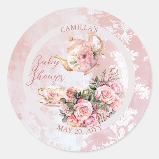 Elegant roze bloemig high tea meisje Baby shower Ronde Sticker (Voorkant)