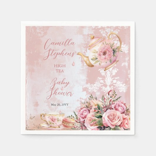 Elegant roze bloemig high tea meisje Baby shower Servet (Voorkant)