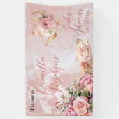 Elegant roze bloemig high tea meisje Baby shower Spandoek (Verticaal)