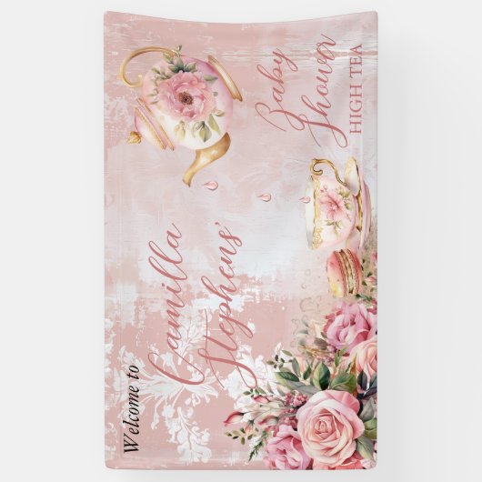 Elegant roze bloemig high tea meisje Baby shower Spandoek (Verticaal)