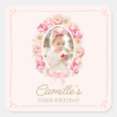 Elegant roze bloemig meisje foto verjaardag vierkante sticker (Voorkant)