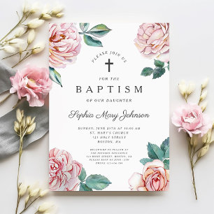 Elegant roze bloemig religieus kruis doopsel kaart