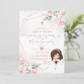 Elegant roze bloemig Schattige meisje eerste heili Kaart (Staand voorkant)