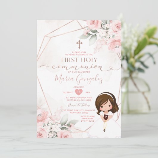 Elegant roze bloemig Schattige meisje eerste heili Kaart (Staand voorkant)