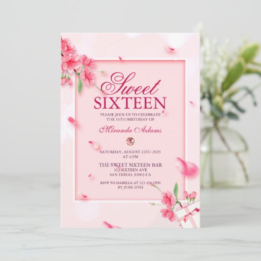 Elegant roze bloemig zoet zestien verjaardagsfeest kaart (Staand voorkant)