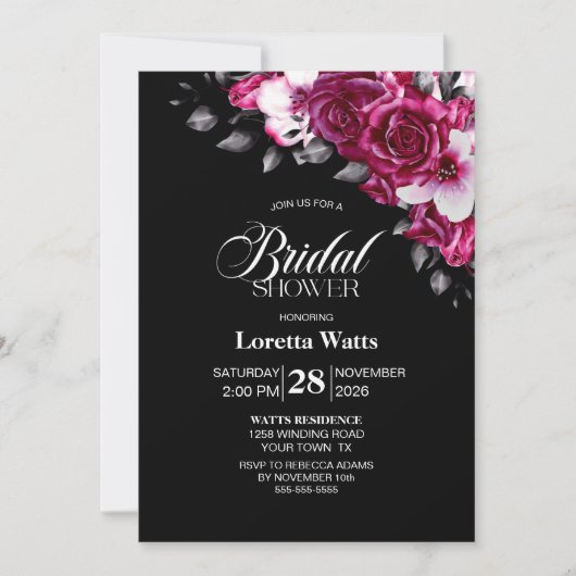 Elegant roze bloemig zwart Vrijgezellenfeest Kaart (Voorkant)