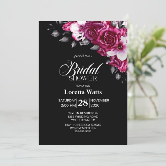 Elegant roze bloemig zwart Vrijgezellenfeest Kaart (Staand voorkant)