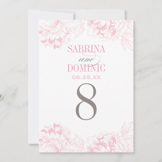 Elegant roze bloemige pioen bruiloft tafel nummer kaart (Voorkant)