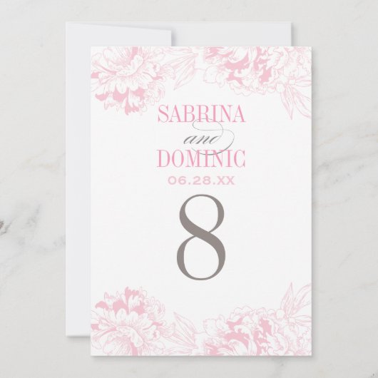 Elegant roze bloemige pioen bruiloft tafel nummer kaart (Achterkant)