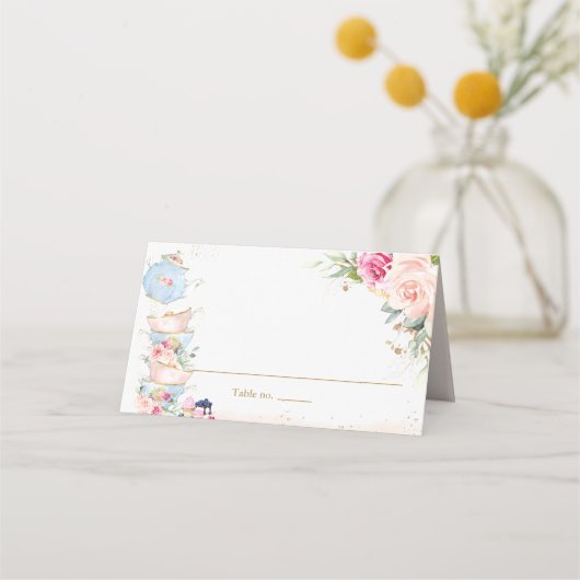 Elegant Roze Bloemige Theetuin Feest Opvouwbare Te Plaatskaartje (Voorkant)