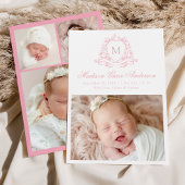 Elegant Roze Bloemkam Monogram 4 Foto Geboorte Aankondiging