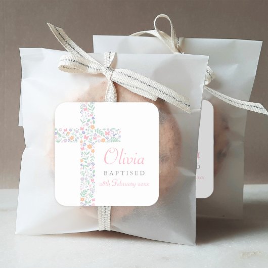 Elegant Roze Bloemkruis Doop Vierkante Sticker