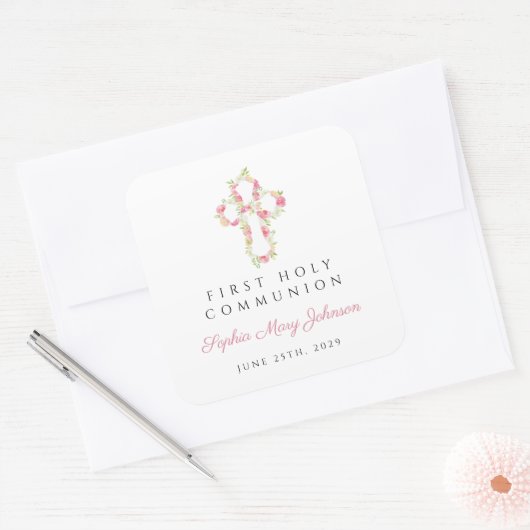 Elegant Roze Bloemkruis Eerste Communie Vierkante Sticker (Envelop)