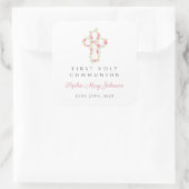 Elegant Roze Bloemkruis Eerste Communie Vierkante Sticker (Tas)