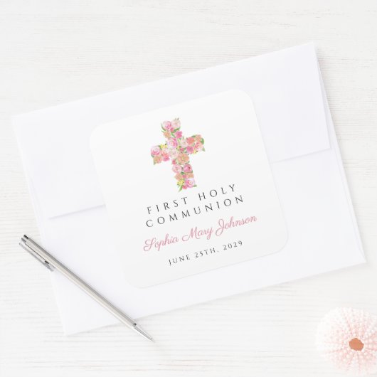 Elegant roze bloemkruis eerste communie vierkante sticker (Envelop)