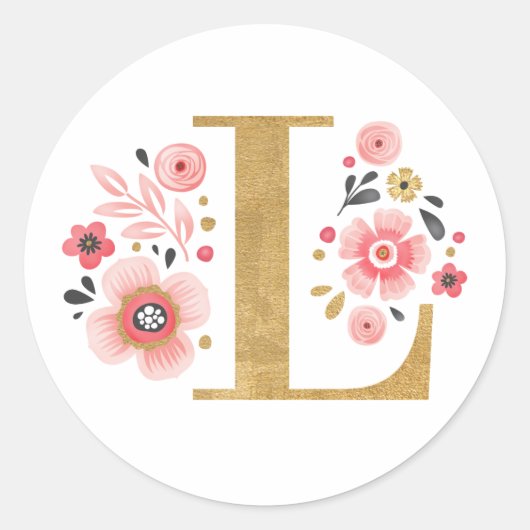 Elegant roze bloemmogram Initiaal gouden letter L Ronde Sticker (Voorkant)
