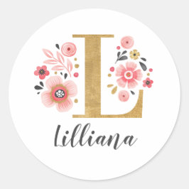 Elegant roze bloemmogram Initiaal gouden letter L Ronde Sticker