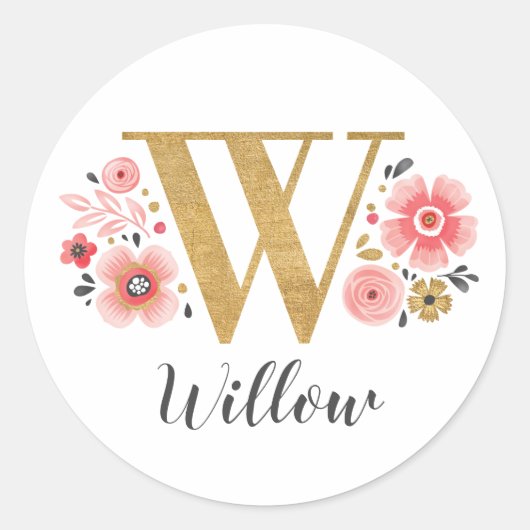 Elegant roze bloemmogram Initiaal gouden letter W Ronde Sticker (Voorkant)