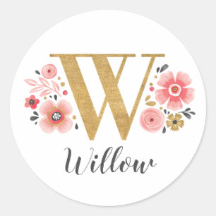 Elegant roze bloemmogram Initiaal gouden letter W Ronde Sticker