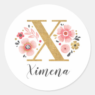 Elegant roze bloemmogram Initiaal gouden letter x Ronde Sticker
