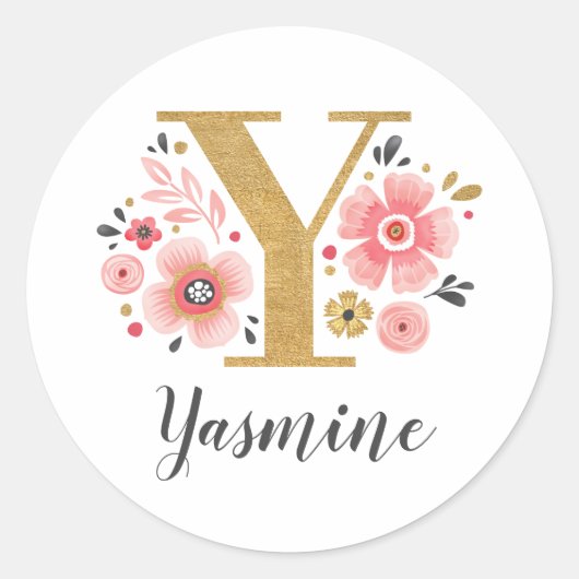 Elegant roze bloemmogram Initiaal gouden letter Y Ronde Sticker (Voorkant)