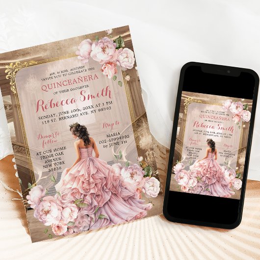 Elegant roze bloemrijke Koninklijk Paleis Quinceañ Kaart