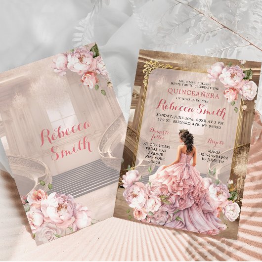 Elegant roze bloemrijke Koninklijk Paleis Quinceañ Kaart
