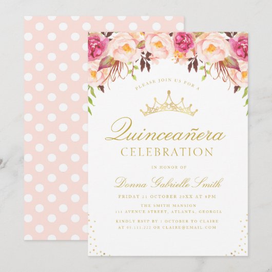 Elegant roze bloesem Quinceanera uitnodiging (Voorkant / Achterkant)