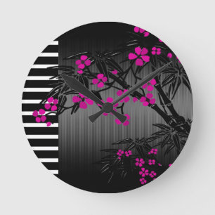 Elegant Roze Blossom Black Asian Bamboo Ronde Klok