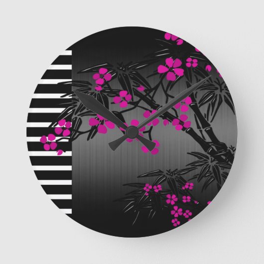 Elegant Roze Blossom Black Asian Bamboo Ronde Klok (Voorkant)
