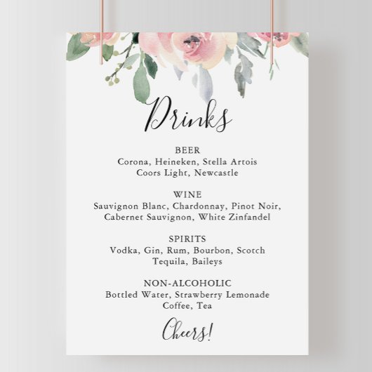 Elegant roze blozende bloem bruiloft drankjes menu poster