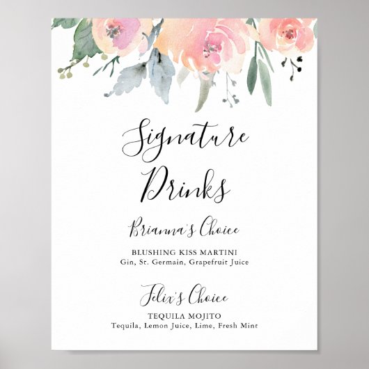 Elegant roze blozende bloemige signature drankjes  poster (Voorkant)