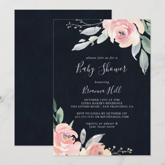 Elegant Roze Blush Bloemen Baby shower Invitation Kaart (Voorkant / Achterkant)
