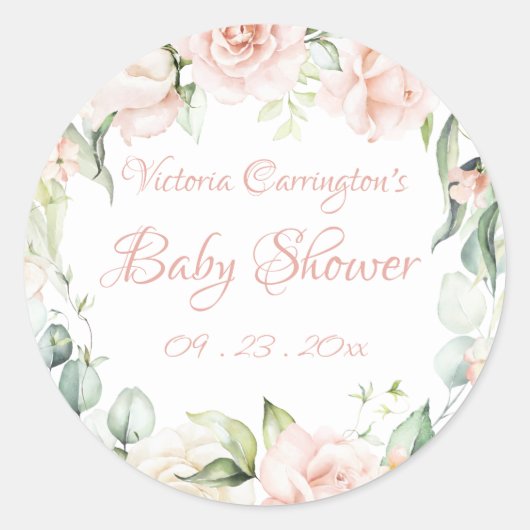 Elegant Roze Blush Bloemen Baby shower Ronde Sticker (Voorkant)
