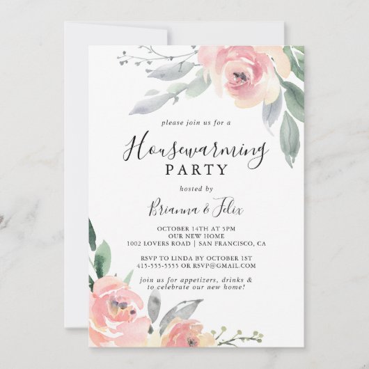 Elegant Roze Blush Bloemen Housewarming Party Kaart (Voorkant)