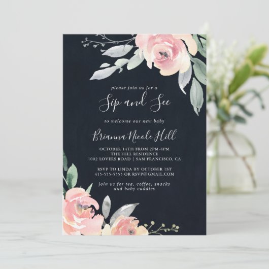Elegant Roze Blush Bloemen Sip En Bekijk Uitnodigi Kaart (Staand voorkant)