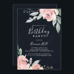 Elegant Roze Blush Bloemen Verjaardagsfeestje Uitn Kaart<br><div class="desc">Deze elegante roze blush floral verjaardagsfeestuitnodiging is perfect voor een eenvoudig verjaardagsfeest. Het ontwerp is voorzien van handgetekende roze blush rozen en pioenen met groene en grijze bladeren op een donkerblauwe achtergrond,  inspirerend voor natuurschoon.</div>
