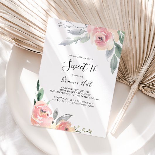 Elegant Roze Blush Bloemen Zoet 16 Verjaardagsfees Kaart