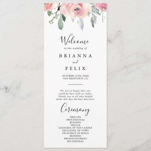 Elegant roze blush bloemenbruiloft programma programmakaart (Voorkant)